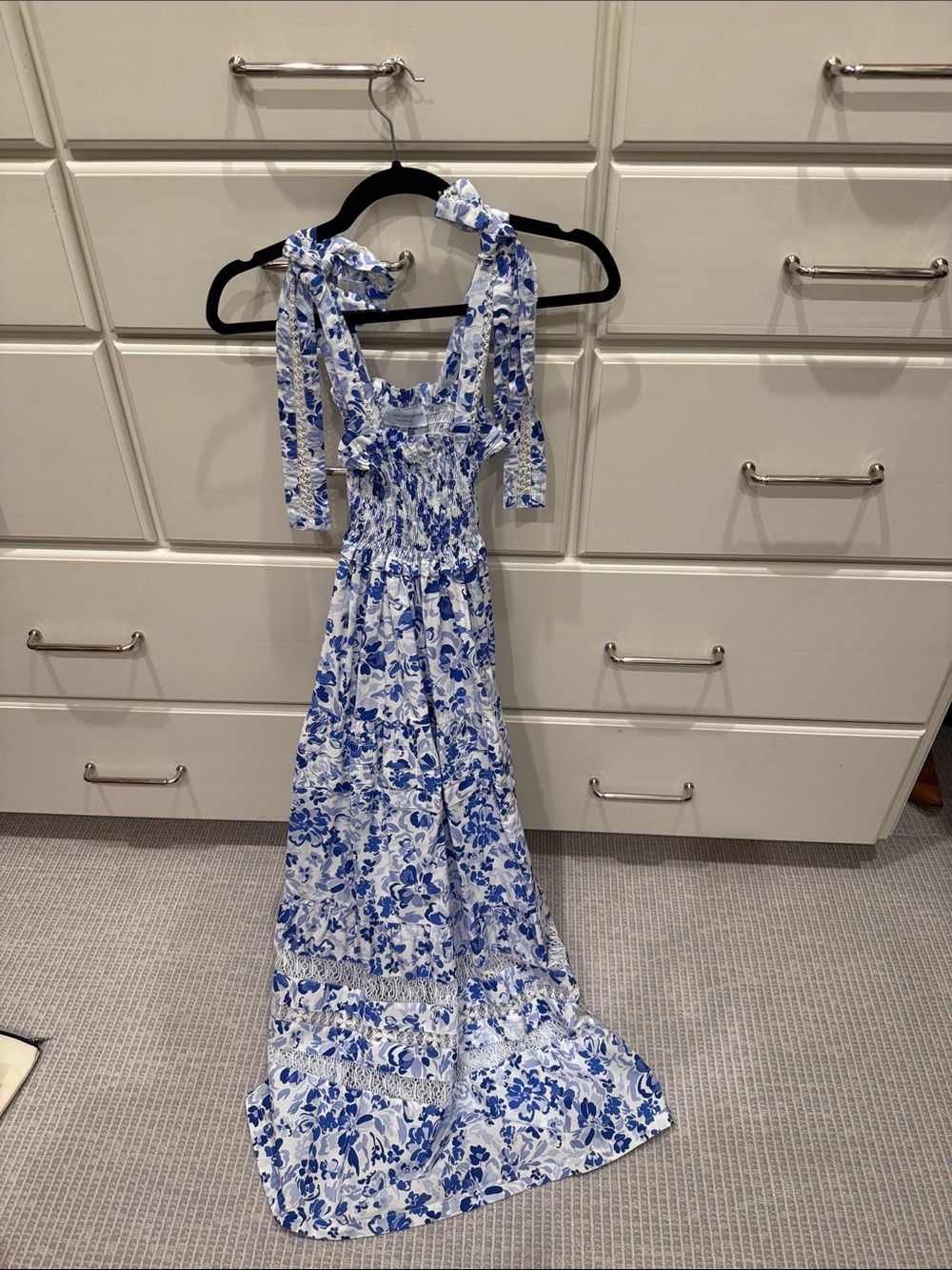 Mi Golondrina White Maxi Dress with Blue Floral Print and Tie Straps